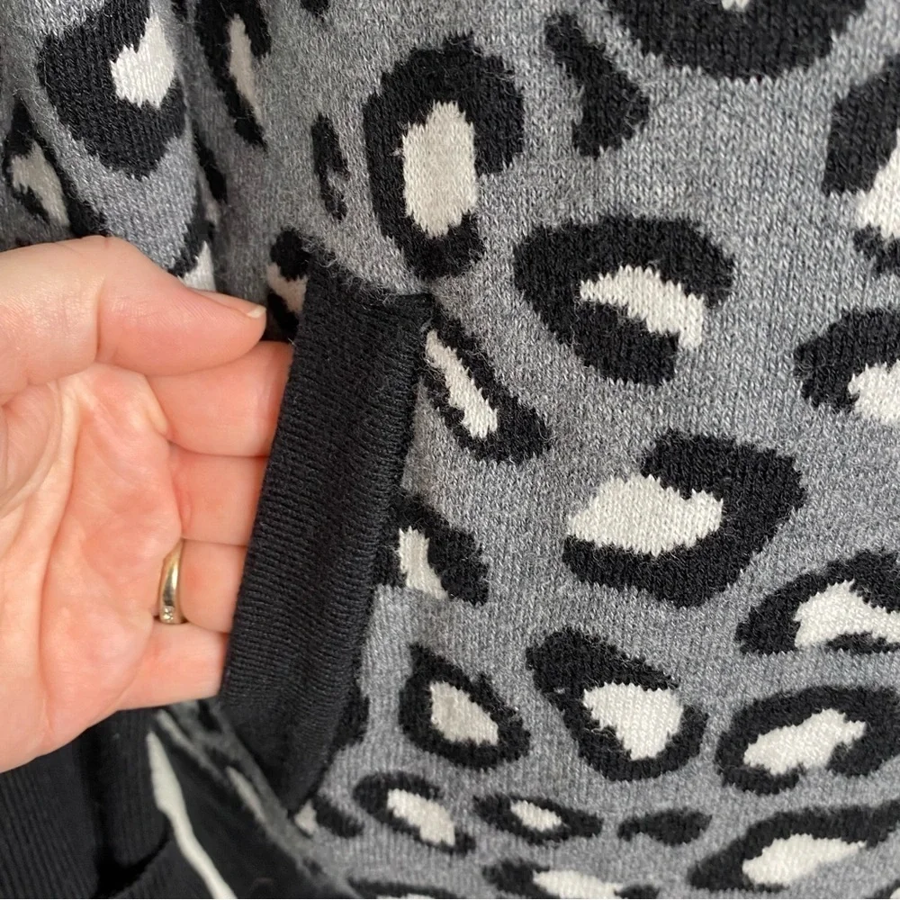 Rachel Zoe Grey and Black Leopard Full Zip Front Sweater Cardigan